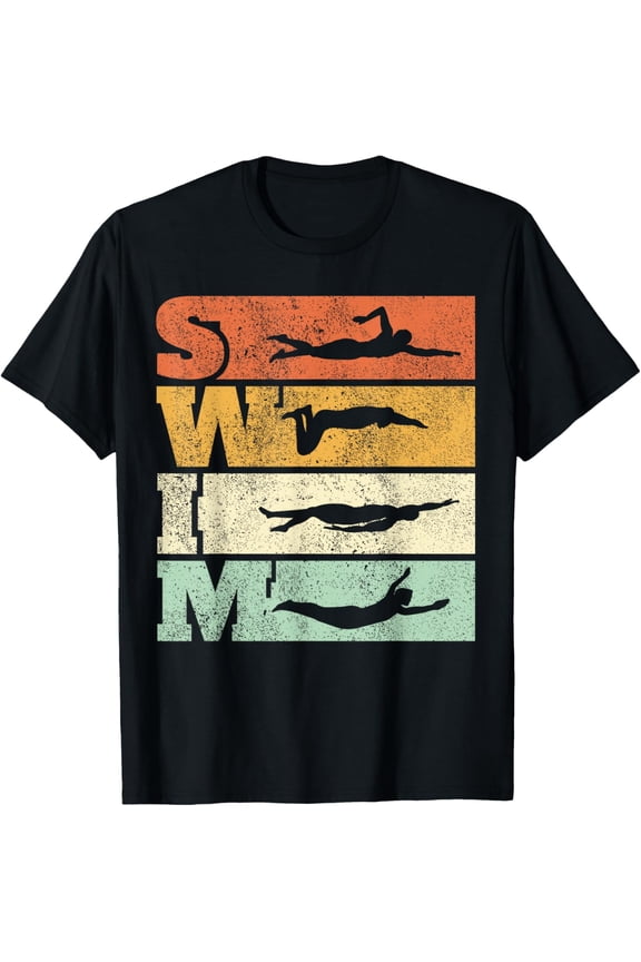 Swimming SWIM Strokes Vintage Swimmer T-Shirt men and women can wear, black, white, gifts