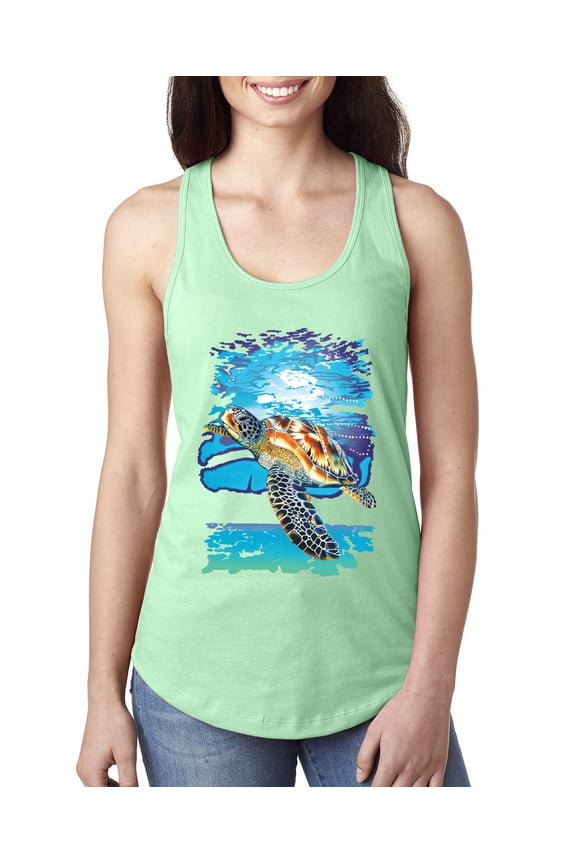 Swimming Sea Turtle Animal Lover Ladies Racerback Tank Top, Mint, Large