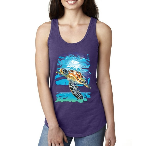 Swimming Sea Turtle Animal Lover Ladies Racerback Tank Top, Purple Rush, Medium