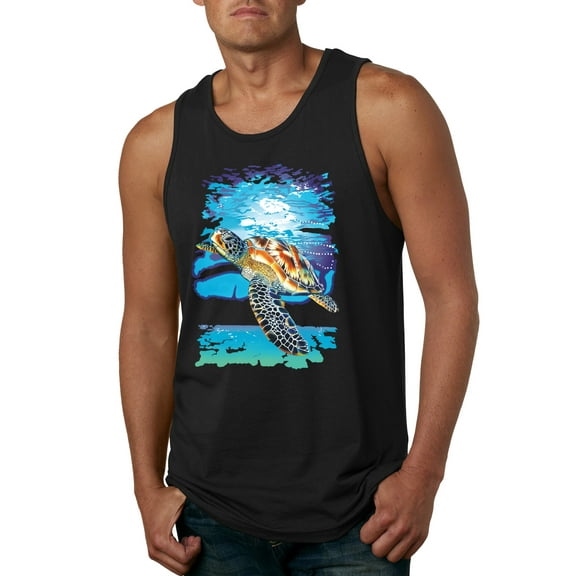 Swimming Sea Turtle Animal Lover Mens Graphic Tank Top, Black, Small