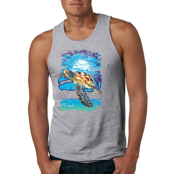 Swimming Sea Turtle Animal Lover Mens Graphic Tank Top, Heather Grey, Small