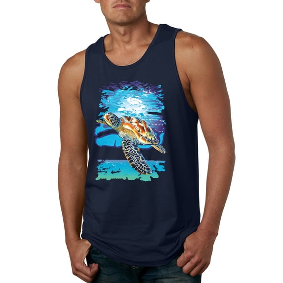 Swimming Sea Turtle Animal Lover Mens Graphic Tank Top, Navy, 2XL