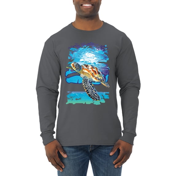 Swimming Sea Turtle Animal Lover Mens Long Sleeve Shirt, Charcoal, Large