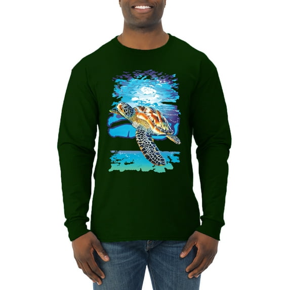 Swimming Sea Turtle Animal Lover Mens Long Sleeve Shirt, Forest Green, Medium