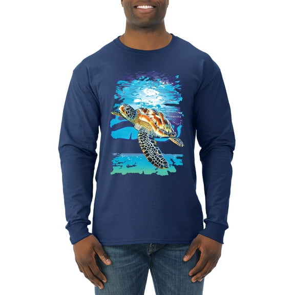 Swimming Sea Turtle Animal Lover Mens Long Sleeve Shirt, Navy, X-Large
