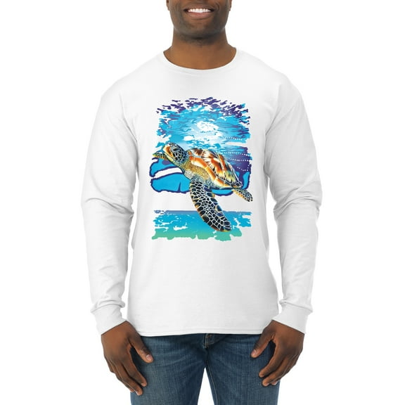 Swimming Sea Turtle Animal Lover Mens Long Sleeve Shirt, White, 2XL