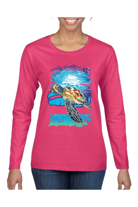 Swimming Sea Turtle Animal Lover Womens Graphic Long Sleeve T-Shirt, Fuschia, Small
