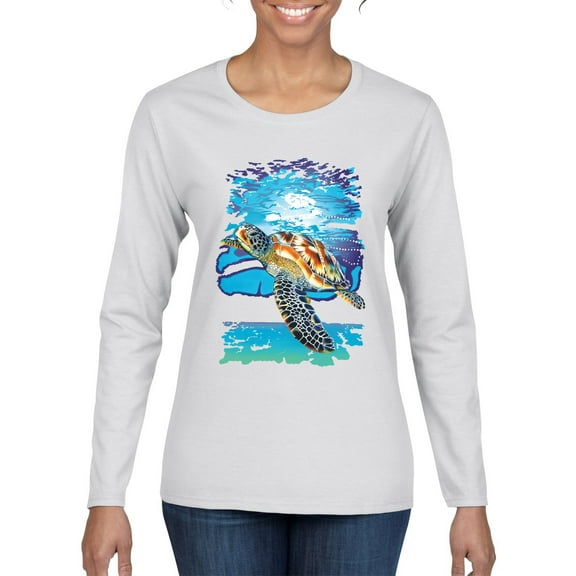 Swimming Sea Turtle Animal Lover Womens Graphic Long Sleeve T-Shirt, White, Small