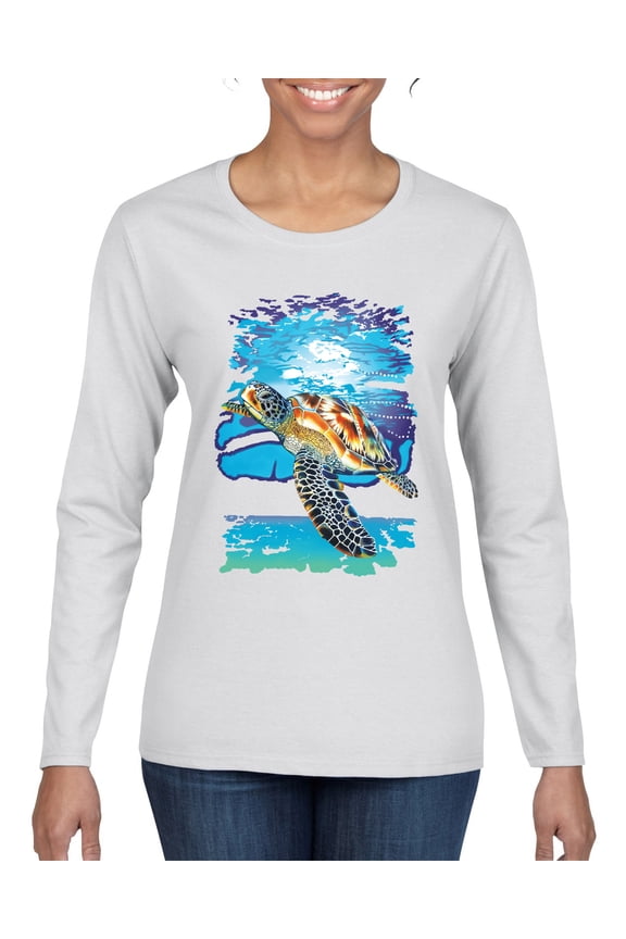 Swimming Sea Turtle Animal Lover Womens Graphic Long Sleeve T-Shirt, White, Small