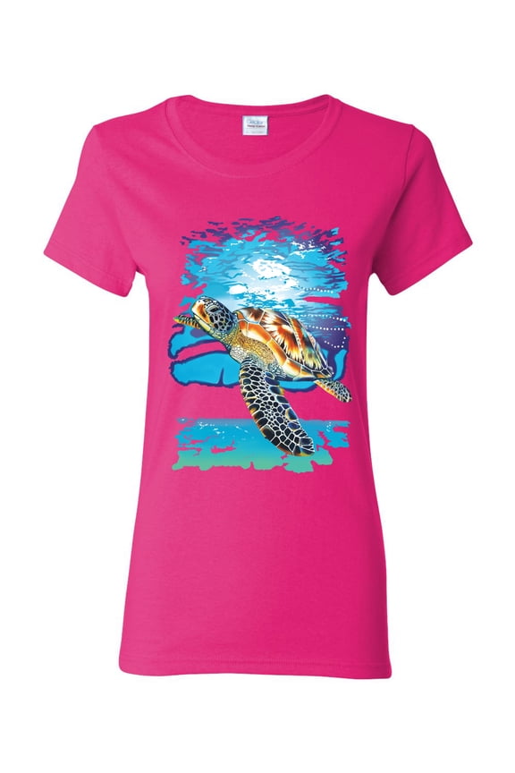 Swimming Sea Turtle Animal Lover Womens Graphic T-Shirt, Fuschia, Medium