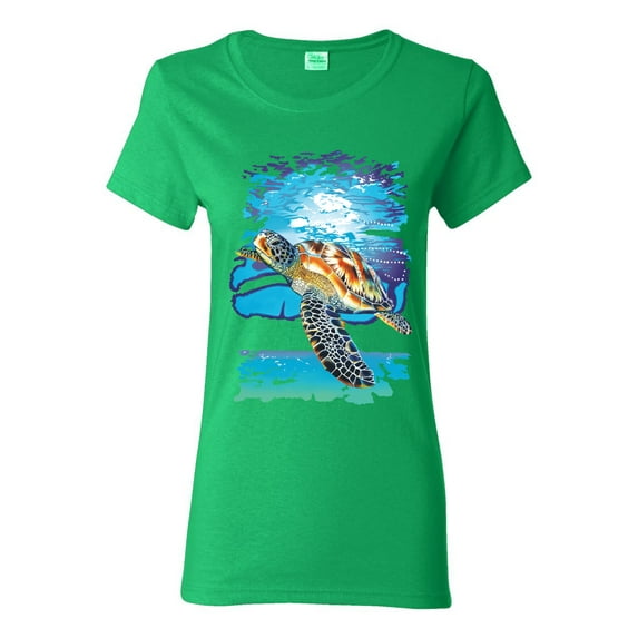Swimming Sea Turtle Animal Lover Womens Graphic T-Shirt, Kelly, X-Large