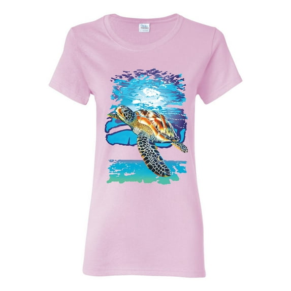 Swimming Sea Turtle Animal Lover Womens Graphic T-Shirt, Light Pink, 2XL