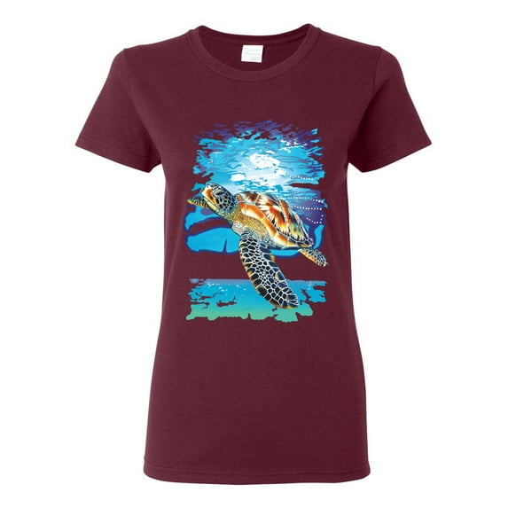 Swimming Sea Turtle Animal Lover Womens Graphic T-Shirt, Maroon, Medium