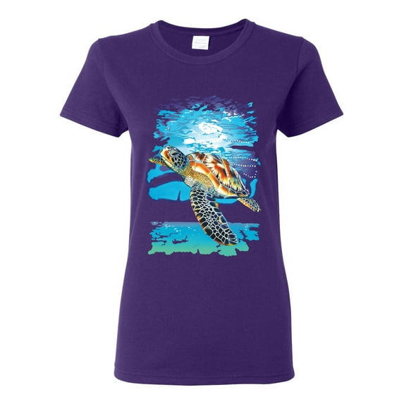 Swimming Sea Turtle Animal Lover Womens Graphic T-Shirt, Purple, Large