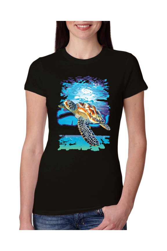 Swimming Sea Turtle Animal Lover Womens Slim Fit Junior Tee, Black, Small