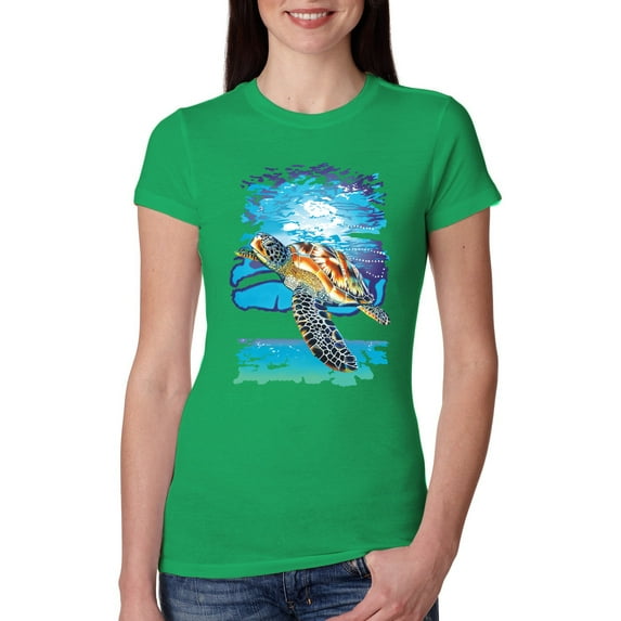 Swimming Sea Turtle Animal Lover Womens Slim Fit Junior Tee, Kelly, Large