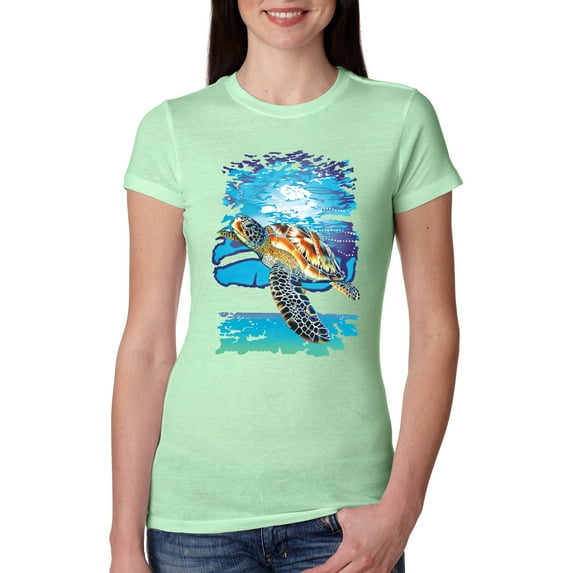 Swimming Sea Turtle Animal Lover Womens Slim Fit Junior Tee, Mint, Medium