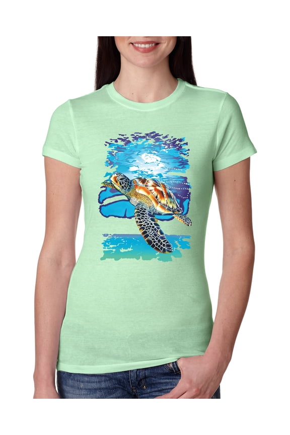 Swimming Sea Turtle Animal Lover Womens Slim Fit Junior Tee, Mint, Small