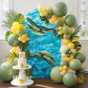 Swimming Sea Turtle Arch Backdrop Cover, 7.2FT, Sea Water Retro Spandex Arch Covers Double-Sided Backdrop for Wedding Birthday Party Photo Background Decoration