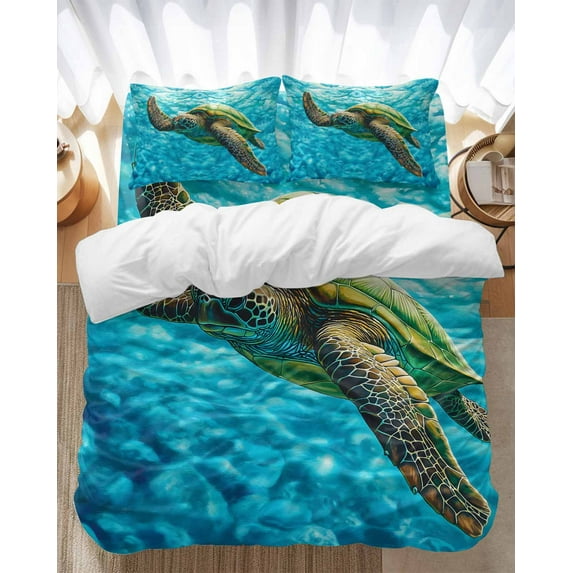 Swimming Sea Turtle Bedding Duvet Cover Set Queen Size 4 Pieces Sea Water Retro Soft Twill Plush Quilt Cover, Include 1 Duvet Cover 1 Flat Sheet And 2 Pillow