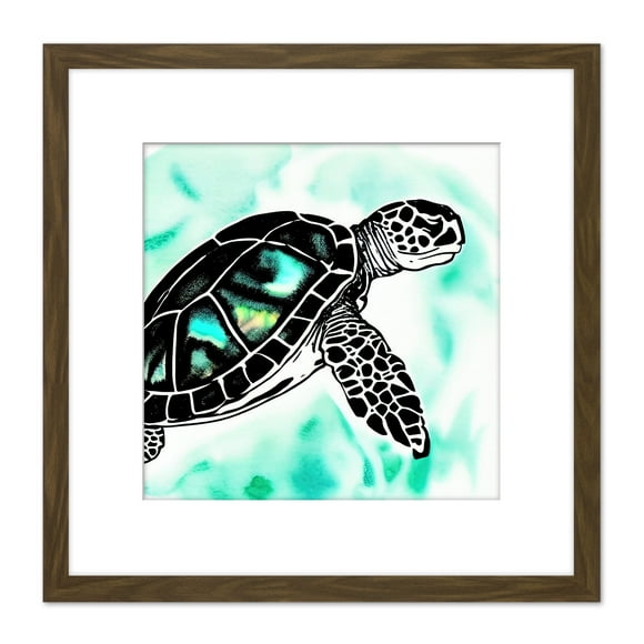Swimming Sea Turtle Black Silhouette Ocean Green Watercolour Painting Square Wooden Framed Wall Art Print Picture 8X8 Inch