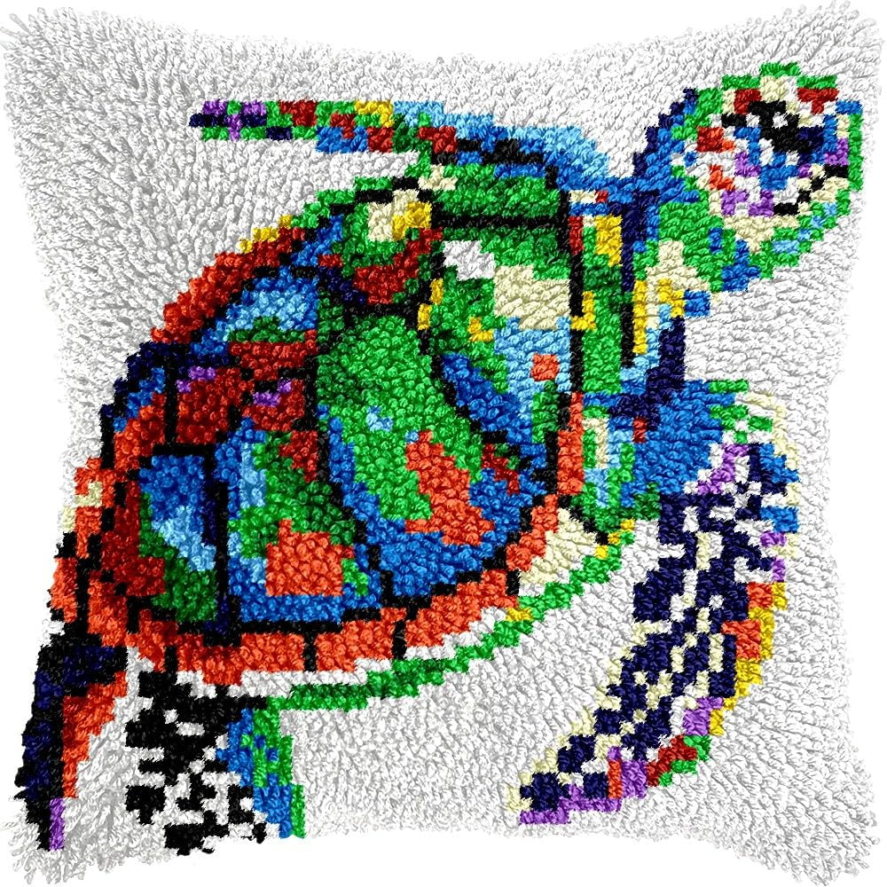 Colorful Turtle Latch Hook Pillow Kits for DIY Handmade Throw Pillow Cushion Embroidery Latch Hooking Pillowcase Kits with Preprinted Canvas Crochet Yarn Kits 17''X 17''(g226)
