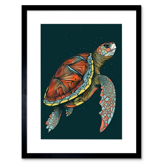 Swimming Sea Turtle Modern Folk Art Illustration Artwork Framed Wall Art Print 9X7 Inch