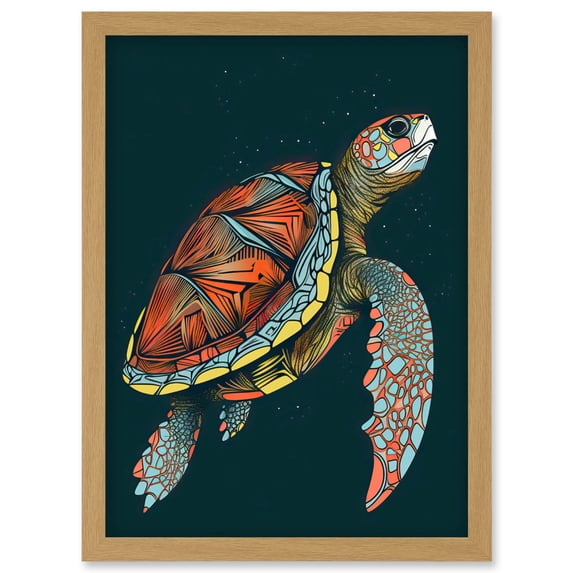 Swimming Sea Turtle Modern Folk Art Illustration Artwork Framed Wall Art Print A4
