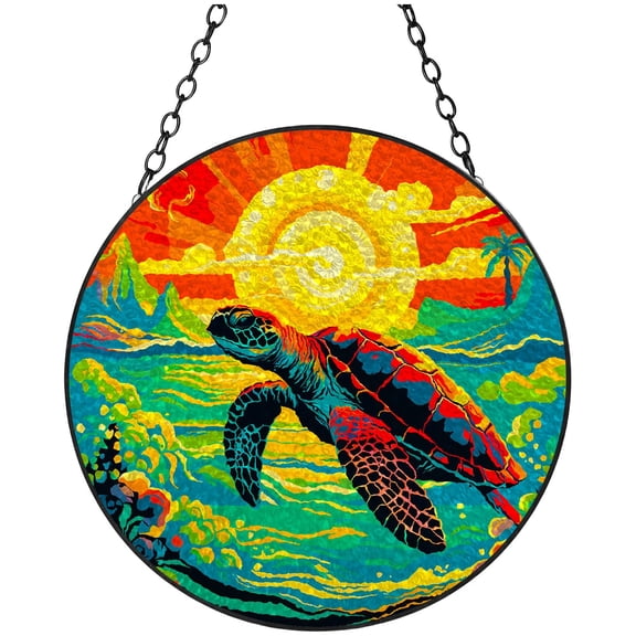 Swimming Sea Turtle Sunset Stained Glass Suncatcher Handmade Window Hanging Colored Glass Suncatcher Crafts Kits for Indoor Garden Decor Memorial Gift 16x16cm