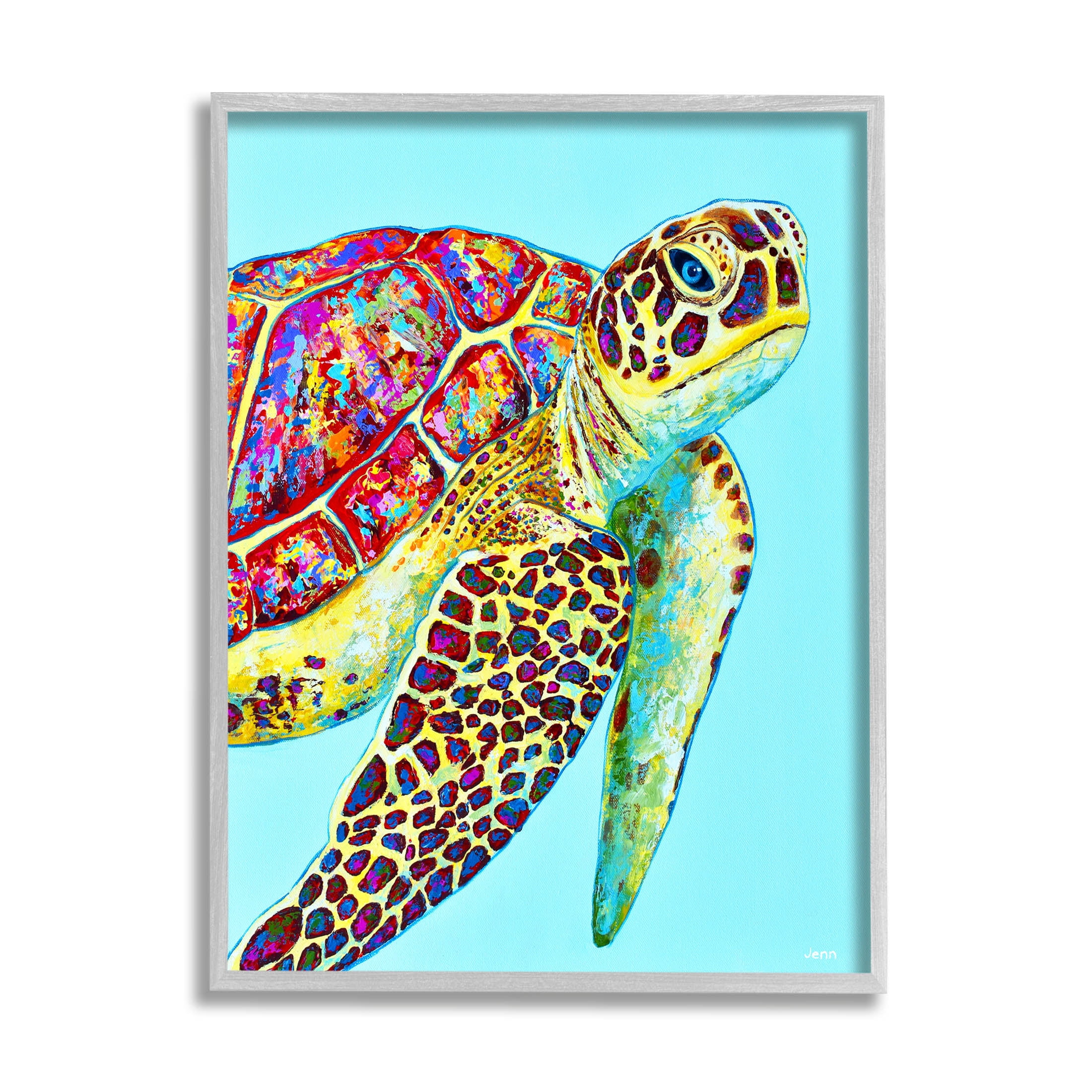 Swimming Sea Turtle Turquoise Accent Animals & Insects Graphic Art Gray Framed Art Print Wall Art