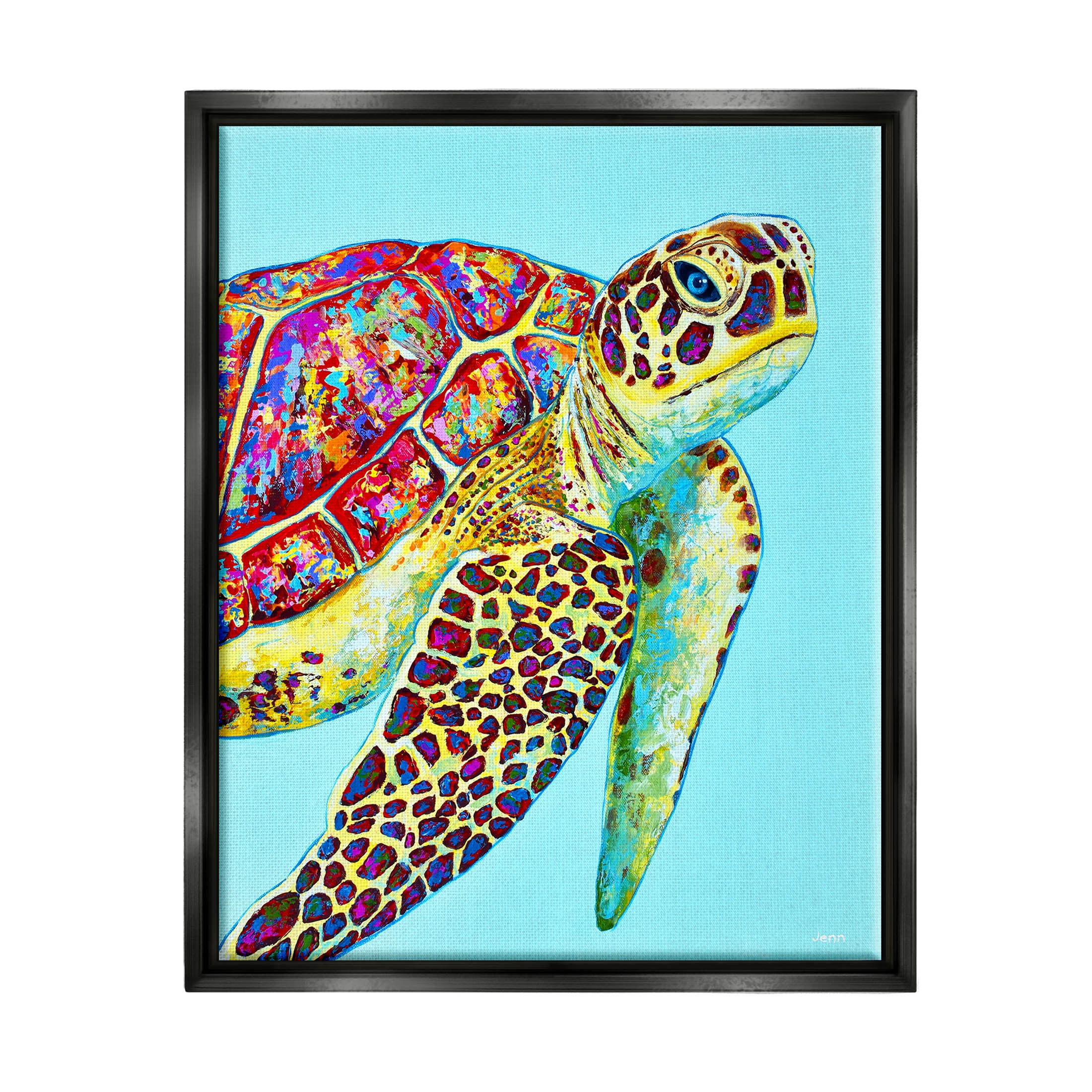 Swimming Sea Turtle Turquoise Accent Animals & Insects Graphic Art Jet Black Framed Art Print Wall Art