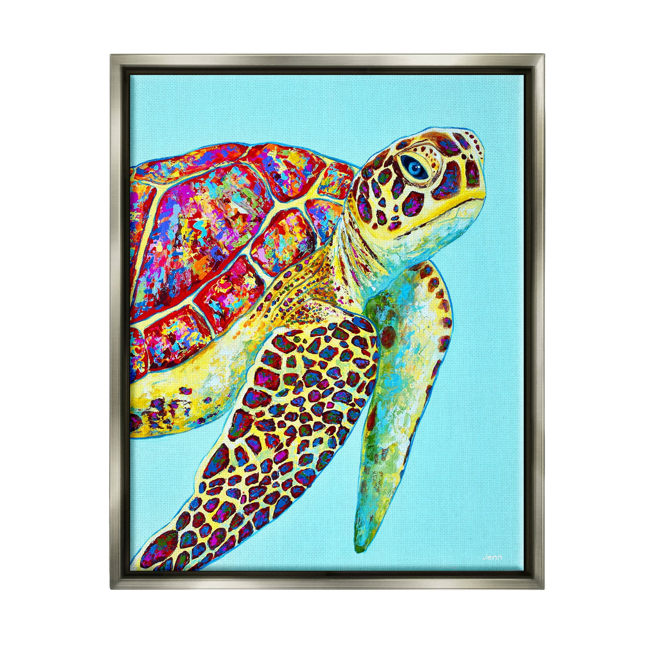 Swimming Sea Turtle Turquoise Accent Animals & Insects Graphic Art Luster Gray Framed Art Print Wall Art