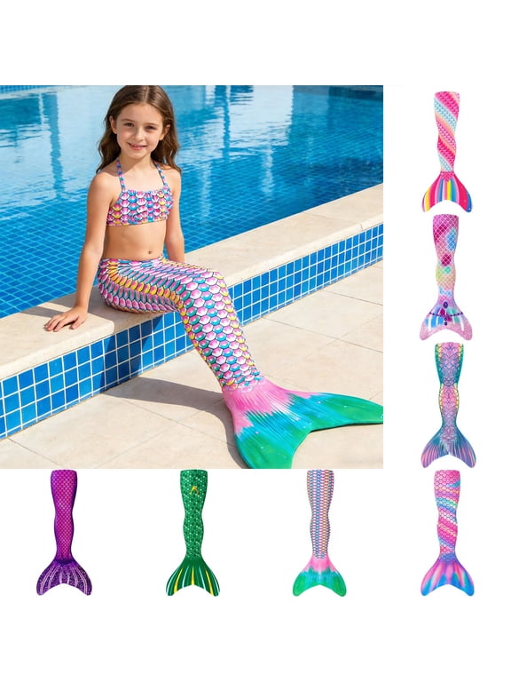 Swimming Wear for Girls with Shiny Rainbow Scale Tail Design Swimwear for Kids Summer Swimsuit (1PC Tail)