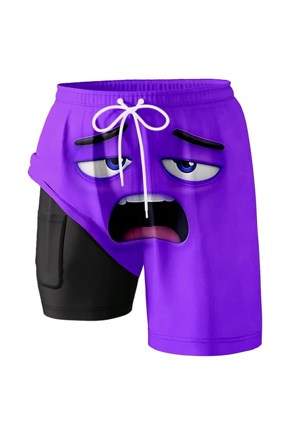 Swimming Shorts for Men Print Double Layer Board Surfing Beach Essentials for Men,Purple,S