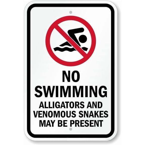 No Swimming Sign Alligators and Venomous Snakes May Be Present Metal Sign - Wall Or Fence Mount Wildlife Danger No-Swim Alert Weatherproof Lakes Swamps 8X12 Inch Residence Garden Shop Garage