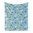 thumbnail image 1 of Swimming Soft Flannel Fleece Blanket, Toys Floating Unicorn Toucan Giraffe Donut Watermelon Cartoon Print, Cozy Plush for Indoor and Outdoor Use, 50" x 60", Turquoise and Multicolor, by Ambesonne, 1 of 5