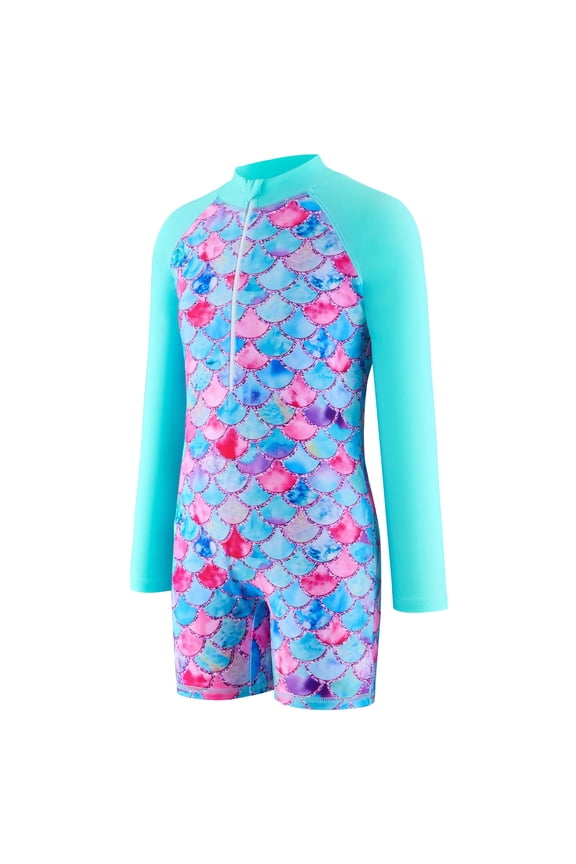Swimming Suit For Girls Little & Big Girls 1 Piece Fish Scale Rash Guard Swimsuit Cartoon UPF 50+ Summer Bathing Suit 10-12 Years