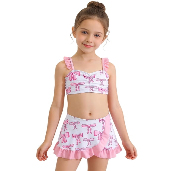 Girls Swimsuit Beachwear Girls Two Piece Bow Print Tankini Top Ruffle Skirt Shorts Set Lightweight Sun Safe Outfit for Kids Seaside Vacation Swimming Trips Multicolour 4Y