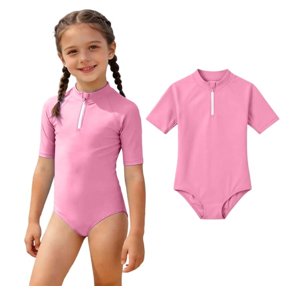 Swimming Suits for Girls Rash Guard Swimsuits Short Sleeve Zipper Bathing Suit for Girls 8-9 Years