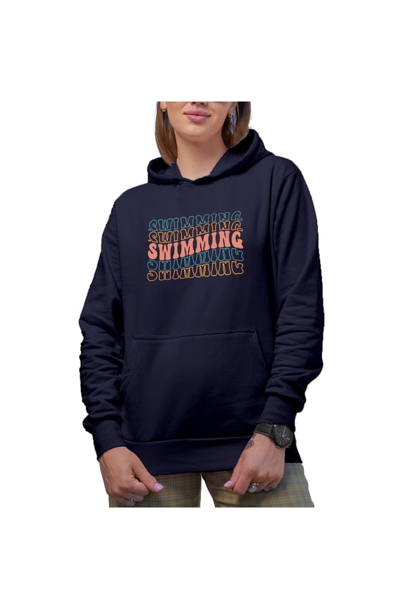 Swimming, Swim Coach or Swimmer Themed, Groovy Retro Wavy Text Merch Gift, Navy Blue Hooded Sweatshirt or Hoodie, Medium