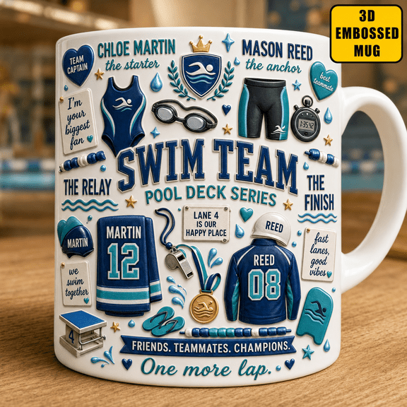 Swimming Team Mug 3D Embossed Gift Mug for Swimmers, Teammates, Coaches & Swim Meet Fans