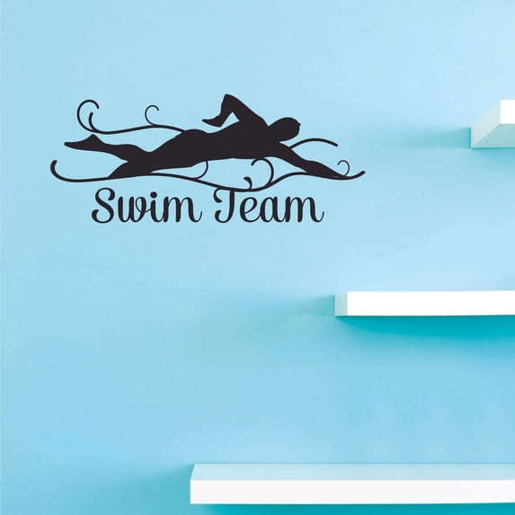 Swimming Team Wall Art Decal | DIY Removable Adhesive Athletes Vinyl Decoration Sticker for Boys Girls Room Bedroom - Black 10" x 20"