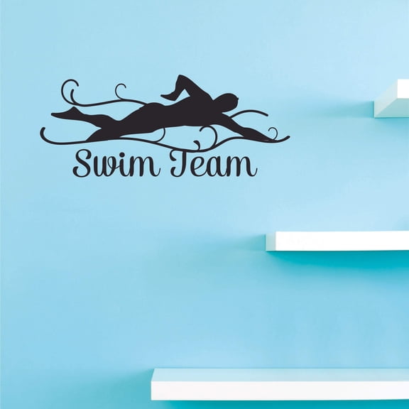 Swimming Team Wall Art Decal | DIY Removable Adhesive Athletes Vinyl Decoration Sticker for Boys Girls Room Bedroom - Black 14" x 28"