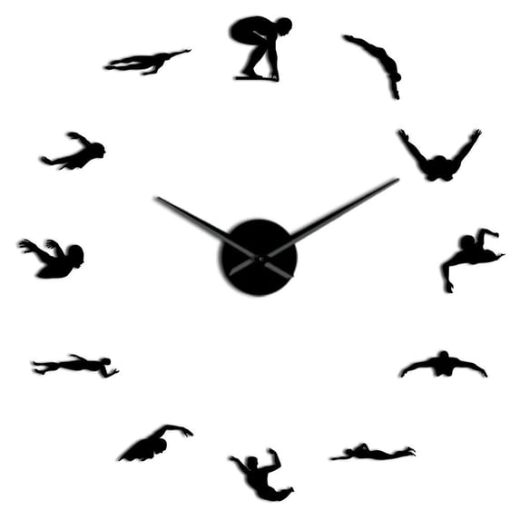 Swimming Theme Modern DIY Large Wall Clock With Swimmer Mirror Sticker Numbers Pool Wall Art Decorative Wall Watch Swimmer Gift(Black,37inch)
