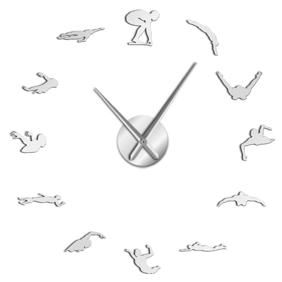 Swimming Theme Modern DIY Large Wall Clock With Swimmer Mirror Sticker Numbers Pool Wall Art Decorative Wall Watch Swimmer Gift(Silver,27inch)