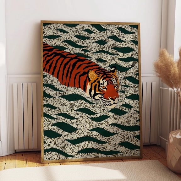 Swimming Tiger Bold Green Wave Retro Orange Emerald Big Cat Maximalist Wild Animal Decor Eclectic Poster
