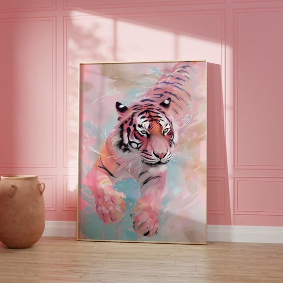 Swimming Tiger Maximalist Pink Wall Art, Unframed Paper Print Size 8x12