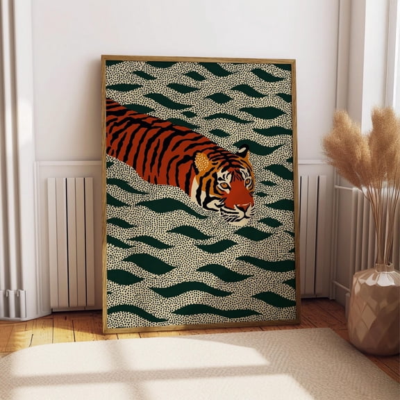Swimming Tiger Print, Bold Green Wave Tiger Wall Art, Retro Orange Emerald Big Cat Poster, Maximalist Wild Animal Decor, Eclectic Art, Print, Unfreamed 27x40