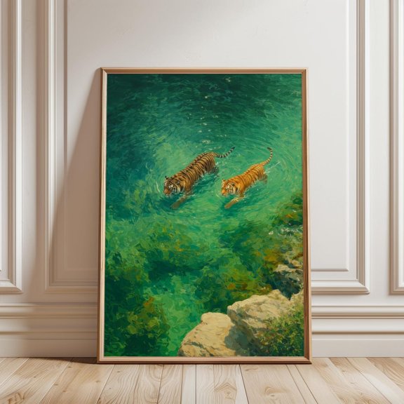 Swimming Tigers Exotic Ocean Wildlife Wall Decor Unframed Paper Print