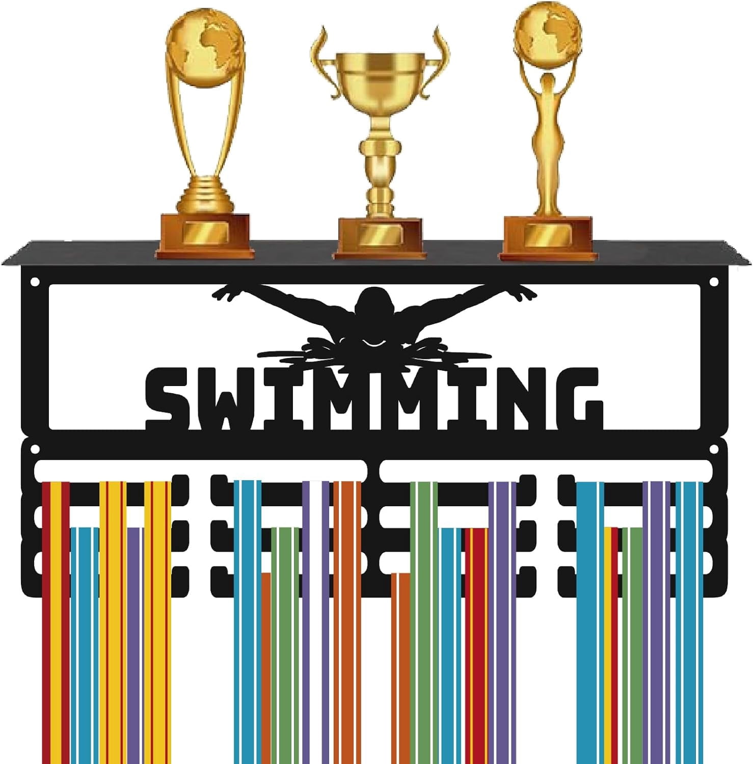 Swimming Trophy Shelf Sports Awards Holder 3 Row Hold 60+ Medals Rectangle Wall Mount Iron Rack Frame Metal Black Athletes Display Hanger DIY